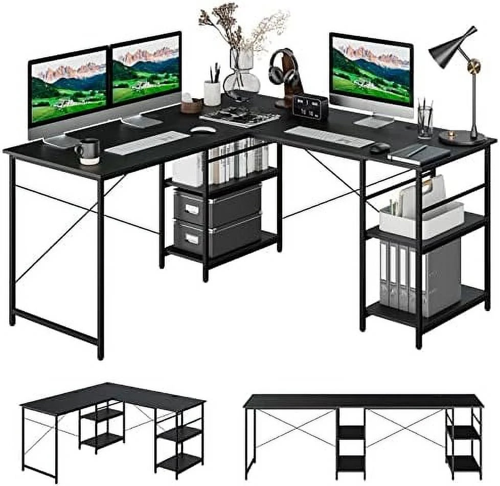 L Shaped Wooden Desk with Shelves F519