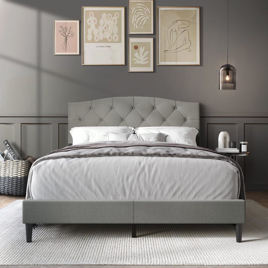 Beige Linen Upholstered Platform Bed R5385