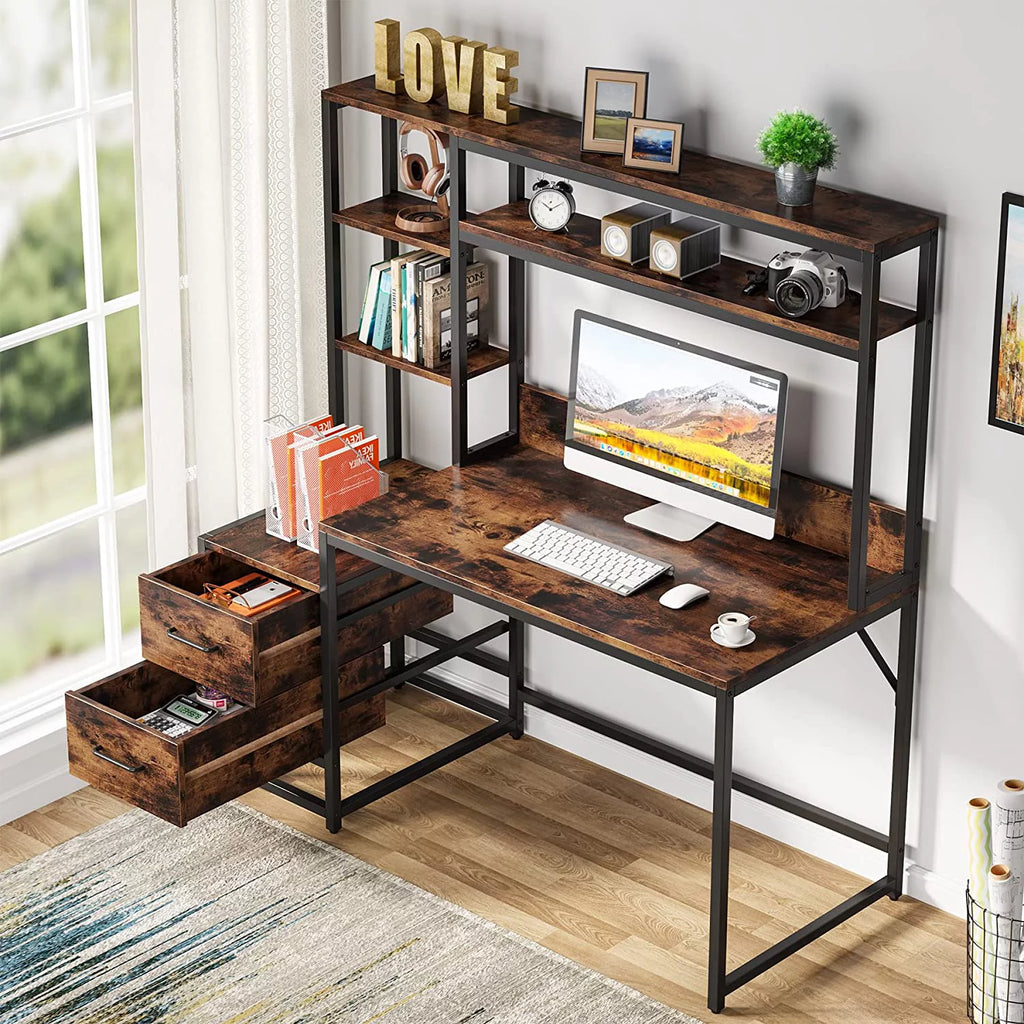 55 Inch Computer Desk with 2 Drawers and Storage Shelves T71411