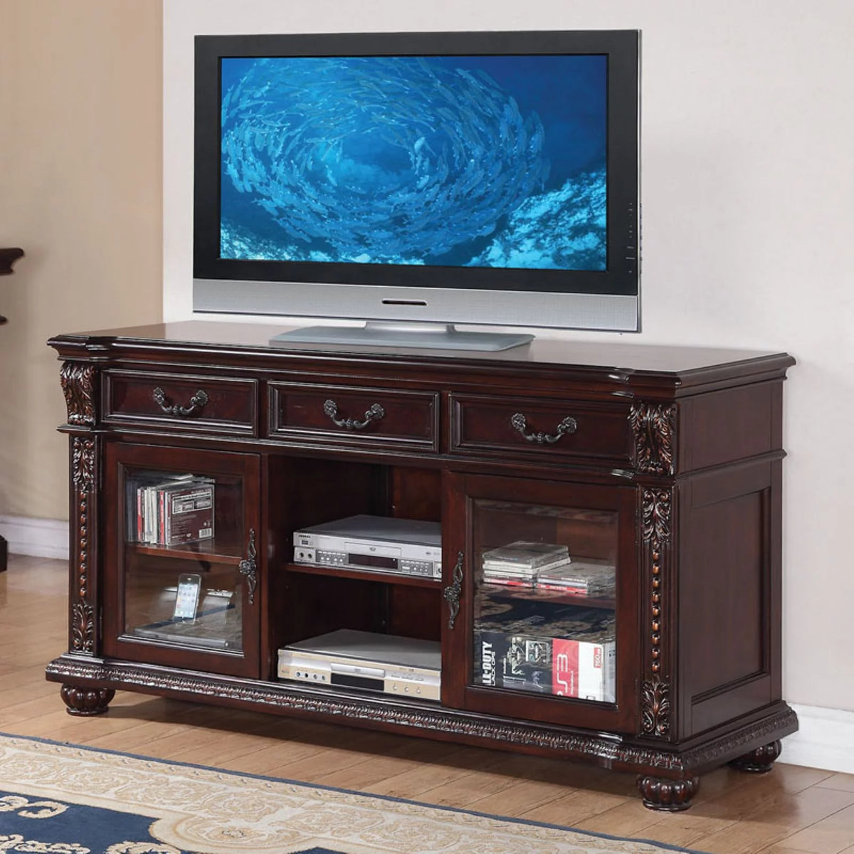 3-Drawer Wooden TV Stand with Glass Doors D55158