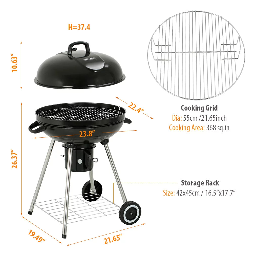 22" Round Portable Charcoal Kettle Grill with 2 Wheels, Black Z2661