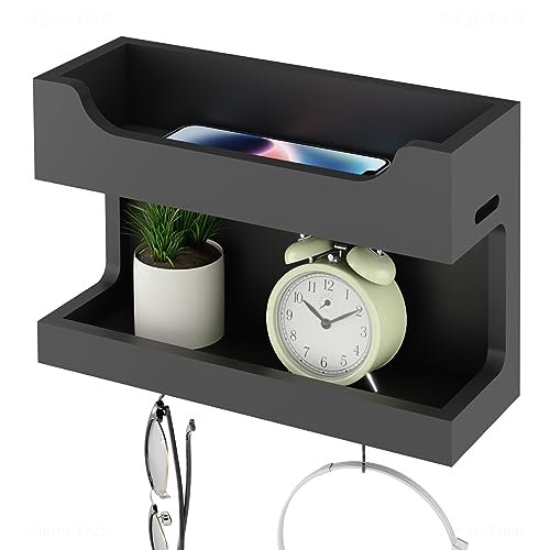 Wall Mounted Wooden Bedside Organizer, Double Tray Storage Shelf Rack with Magnetic Hooks (White) O67248