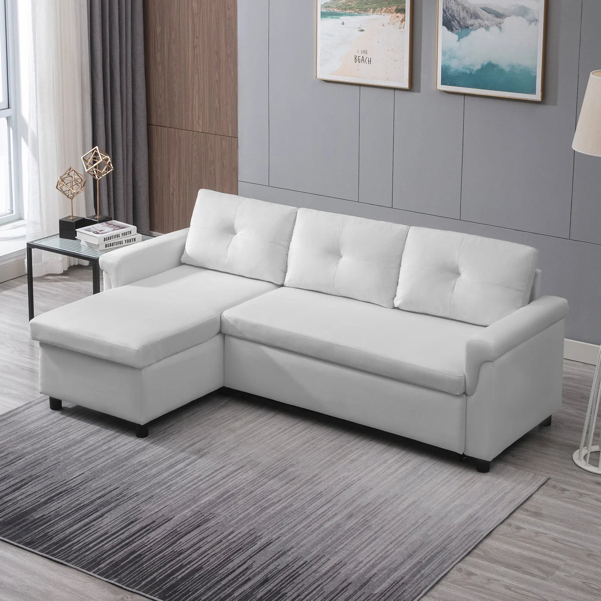Light Grey L-Shaped Sleeper Sofa with Storage Chaise C63541