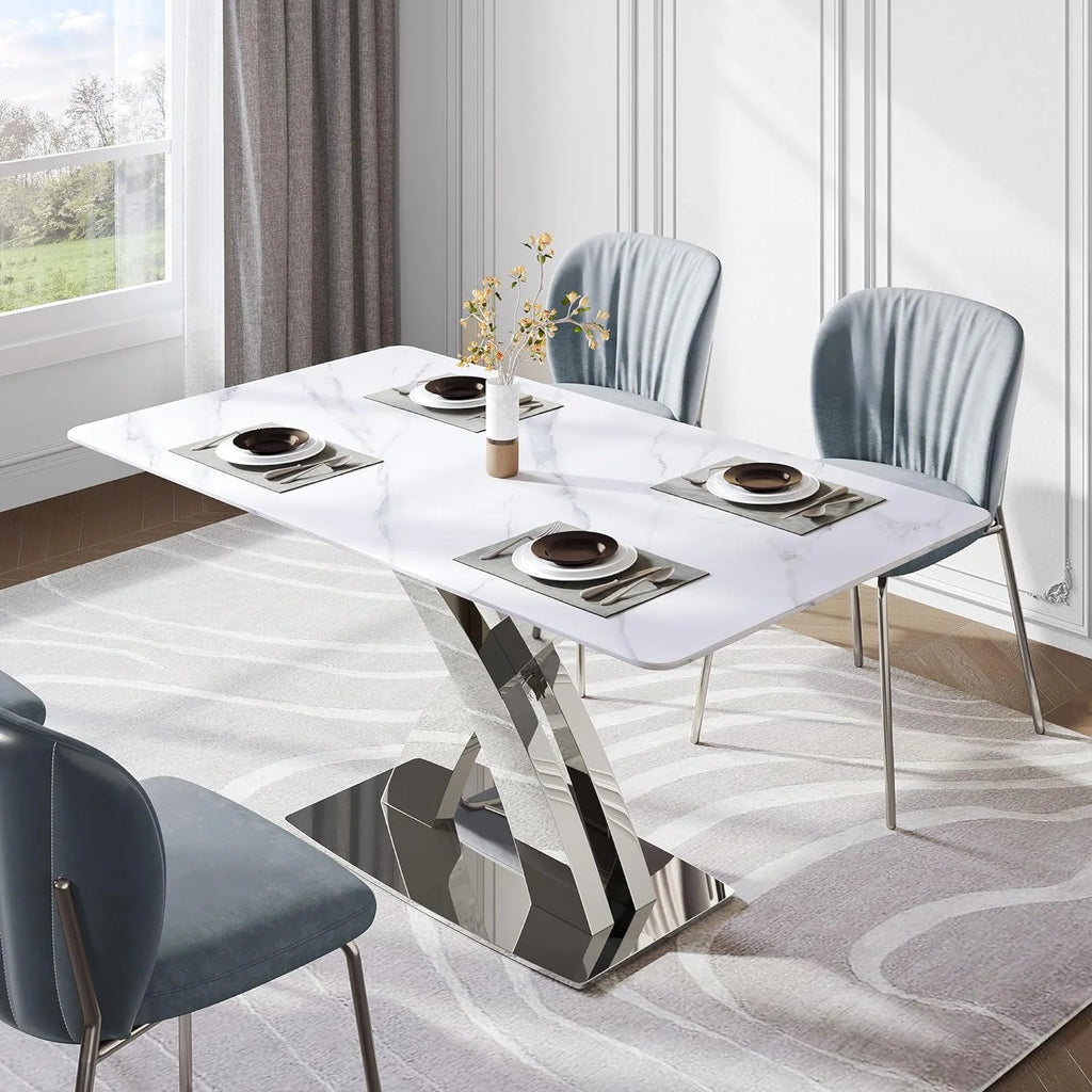 White Sintered Stone Dining Table for 6 with Stainless Steel Base G465219