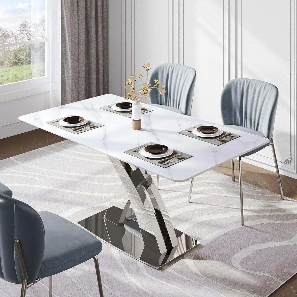 White Sintered Stone Dining Table for 6 with Stainless Steel Base G465219
