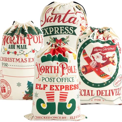 4-Pack Large Christmas Canvas Gift Bags with Drawstring L2656