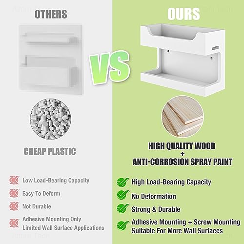 Wall Mounted Wooden Bedside Organizer, Double Tray Storage Shelf Rack with Magnetic Hooks (White) O67248