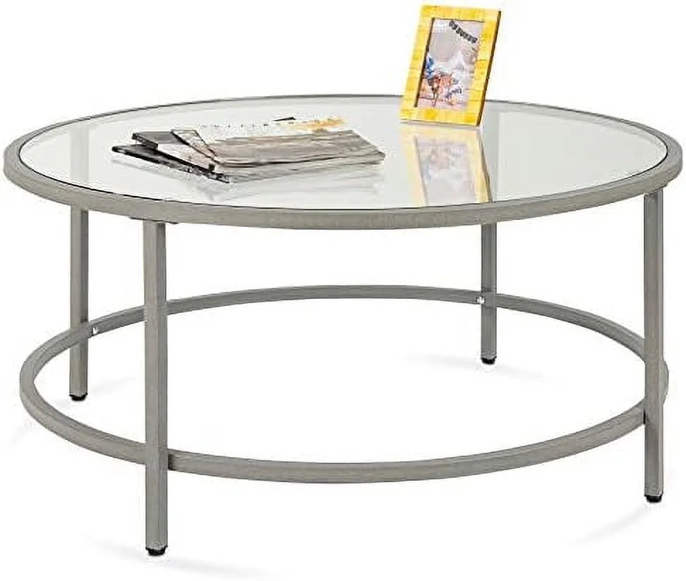 36in Round Tempered Glass Coffee Table with Metal Frame O829718