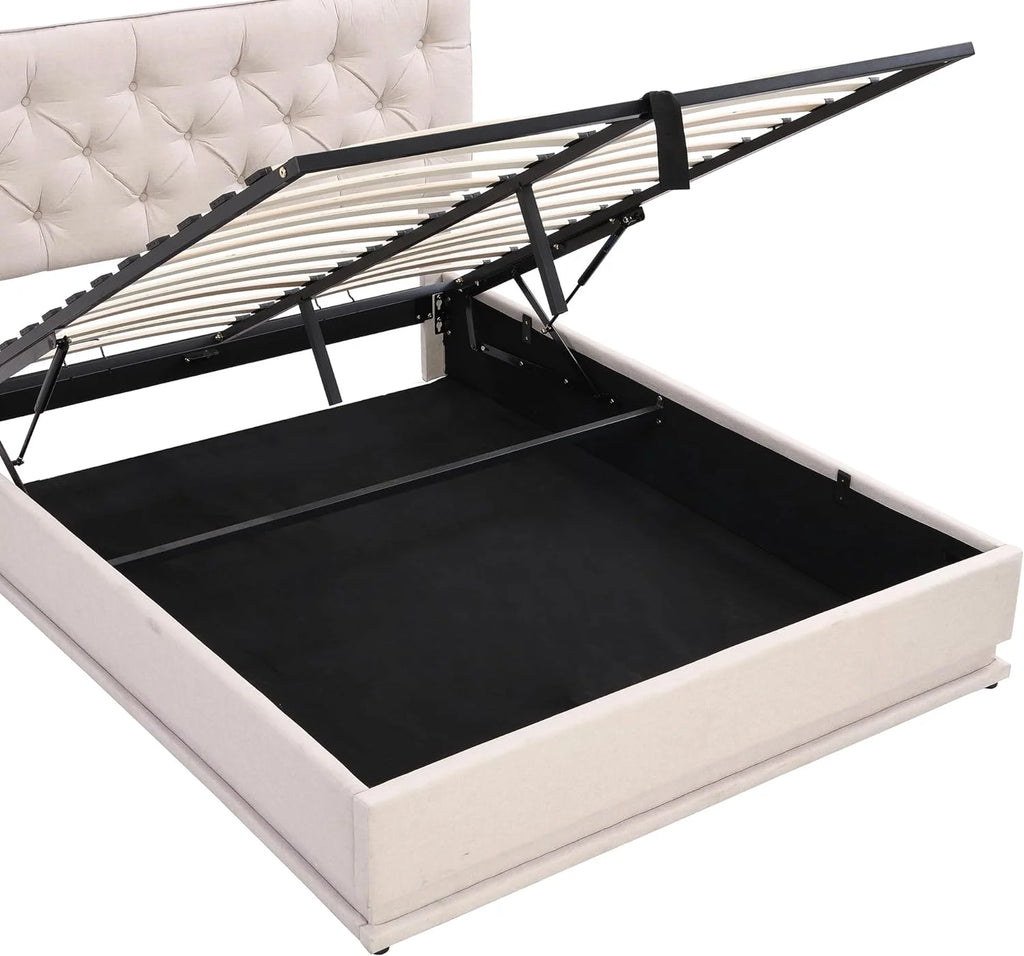 Queen Size Upholstered Lift Up Storage LED Bed with Tufted Headboard Beige Linen I42322
