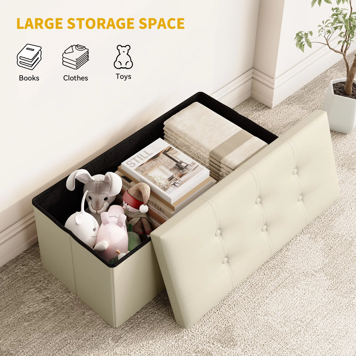 30 Inches Folding Storage Ottoman Bench Faux Leather Beige R86363