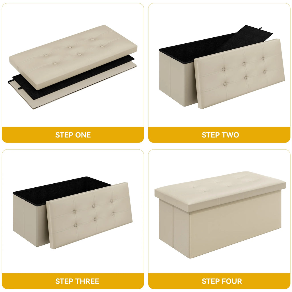30 Inches Folding Storage Ottoman Bench Faux Leather Beige R86363