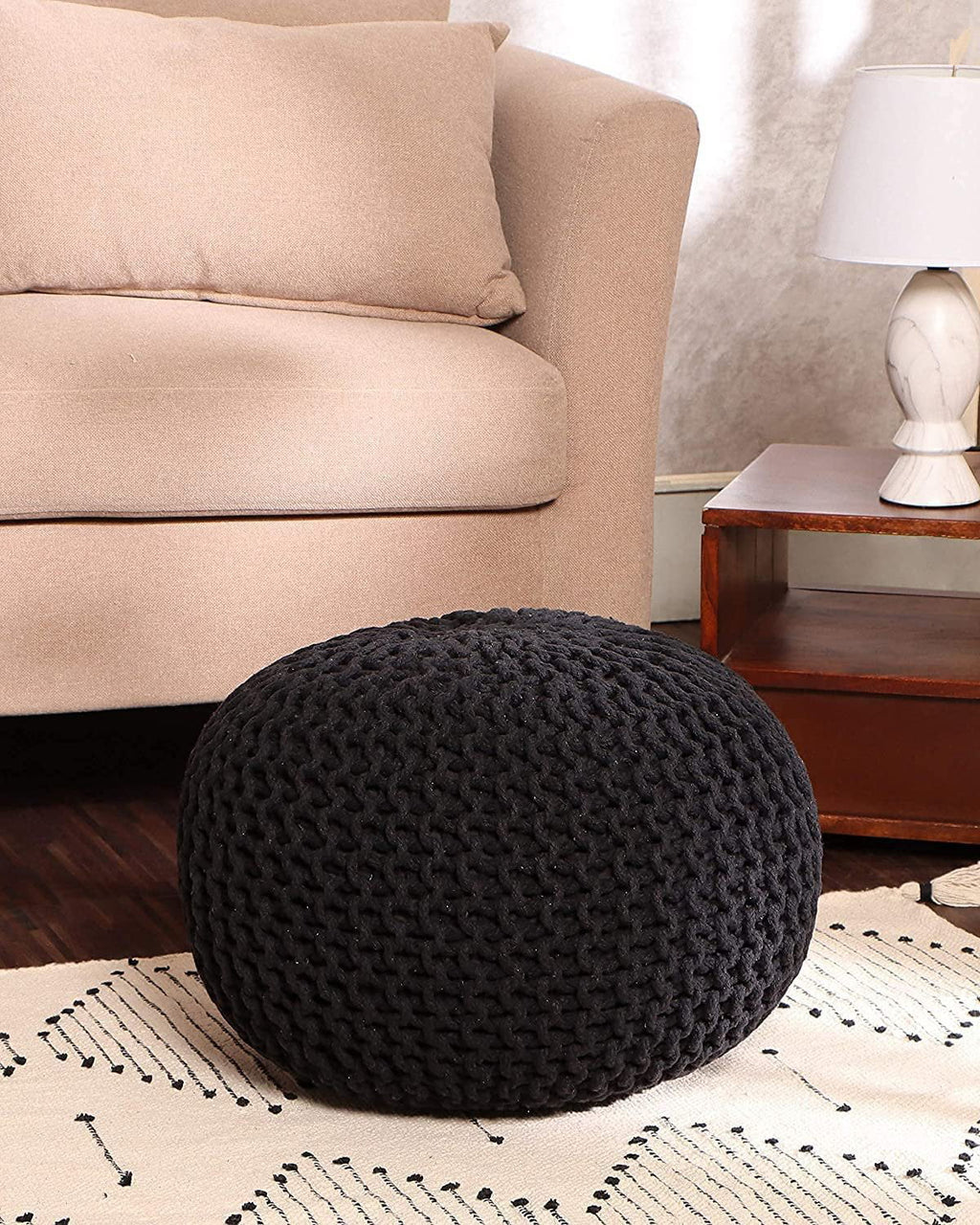 Hand Knitted 100% Cotton Round Pouf Ottoman K1085