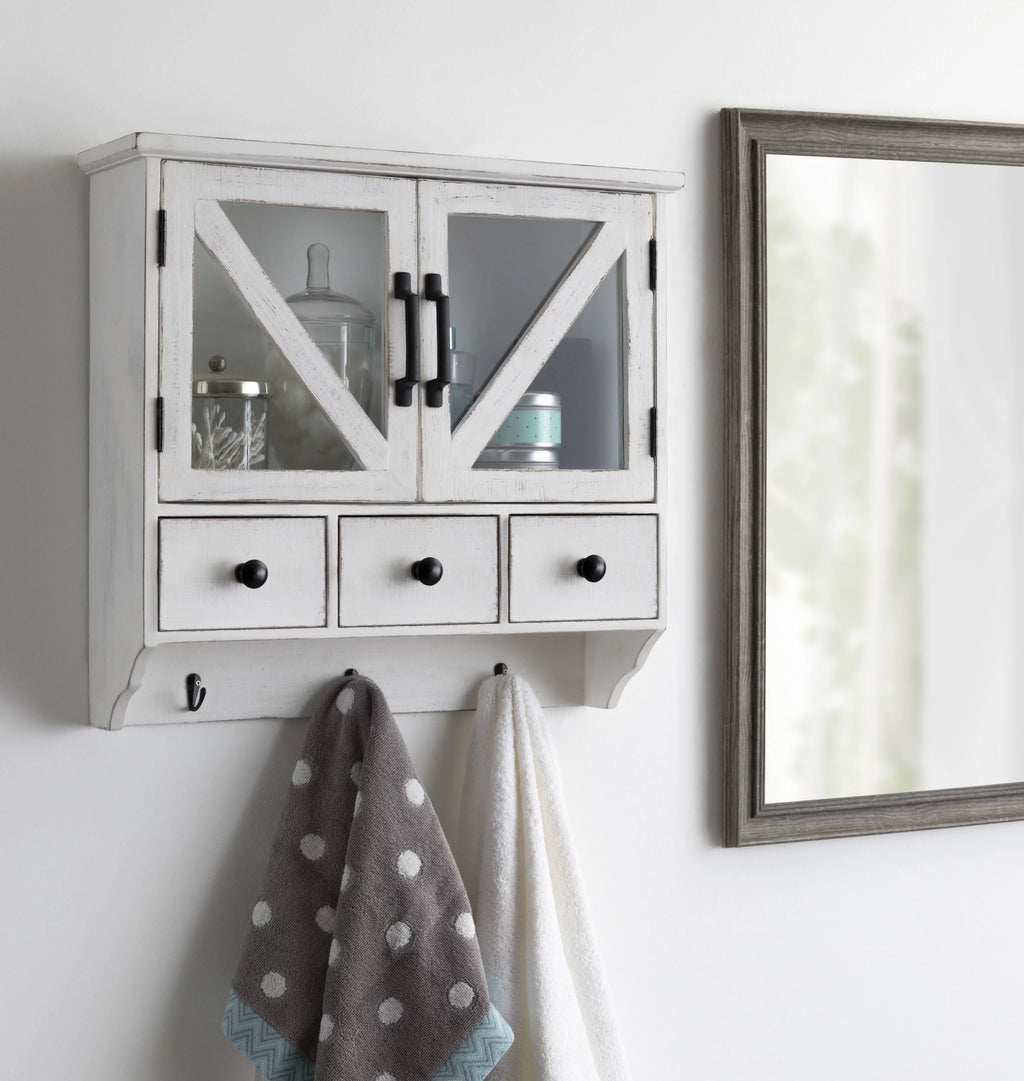Rustic Wood Wall Cabinet with Magnetic Doors and Three Pull-Out Drawers J775361