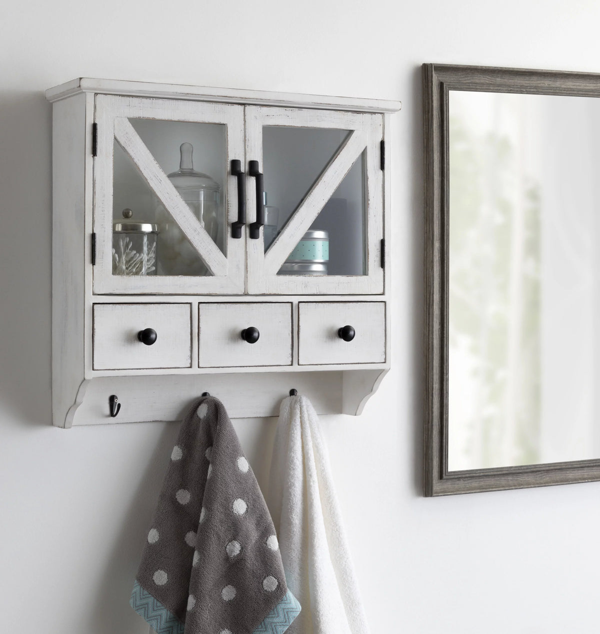 Rustic Wood Wall Cabinet with Magnetic Doors and Three Pull-Out Drawers J775361