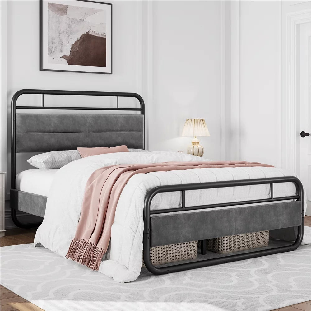 Queen Size Metal Platform Bed with Velvet Upholstered Headboard B812