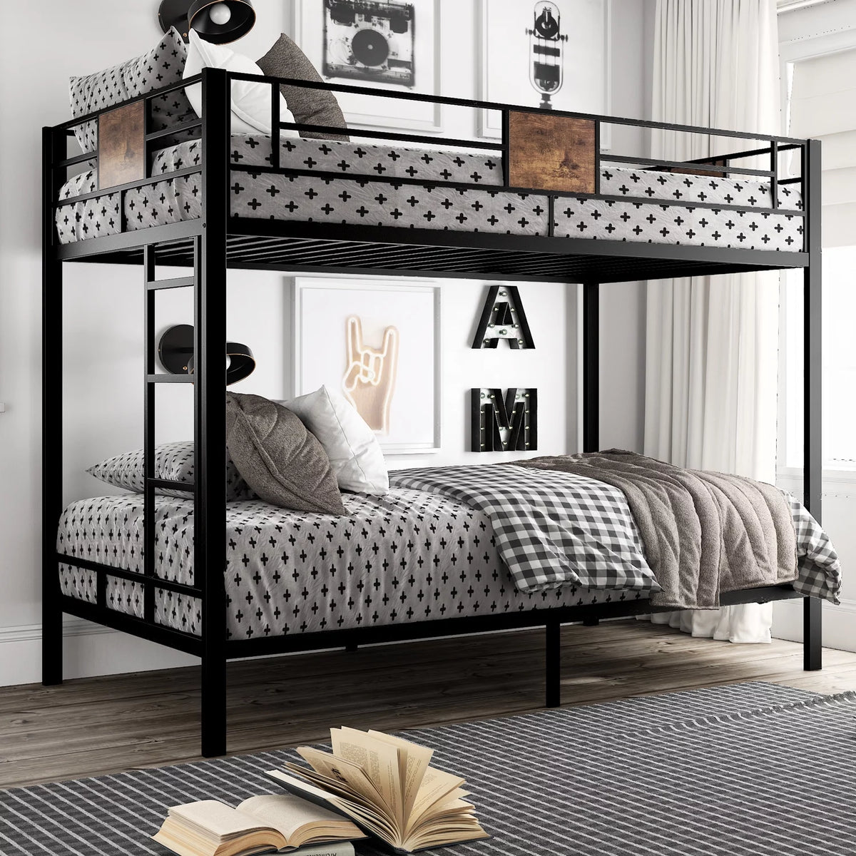 Black Twin Over Twin Metal Bunk Bed Frame with Stairs O93234