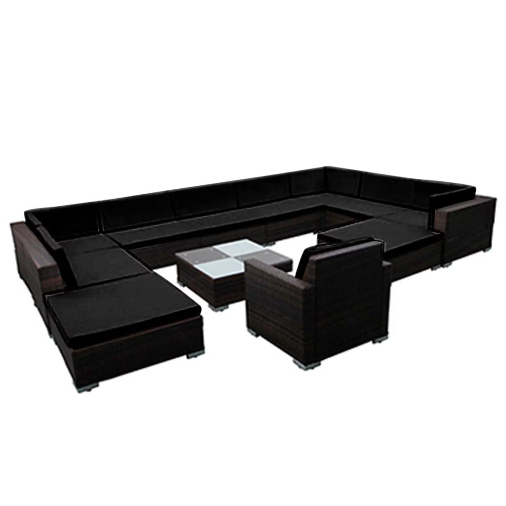 12 Piece Cushioned Patio Conversation Set with Ottomans and Tea Table Black Poly Rattan N3013