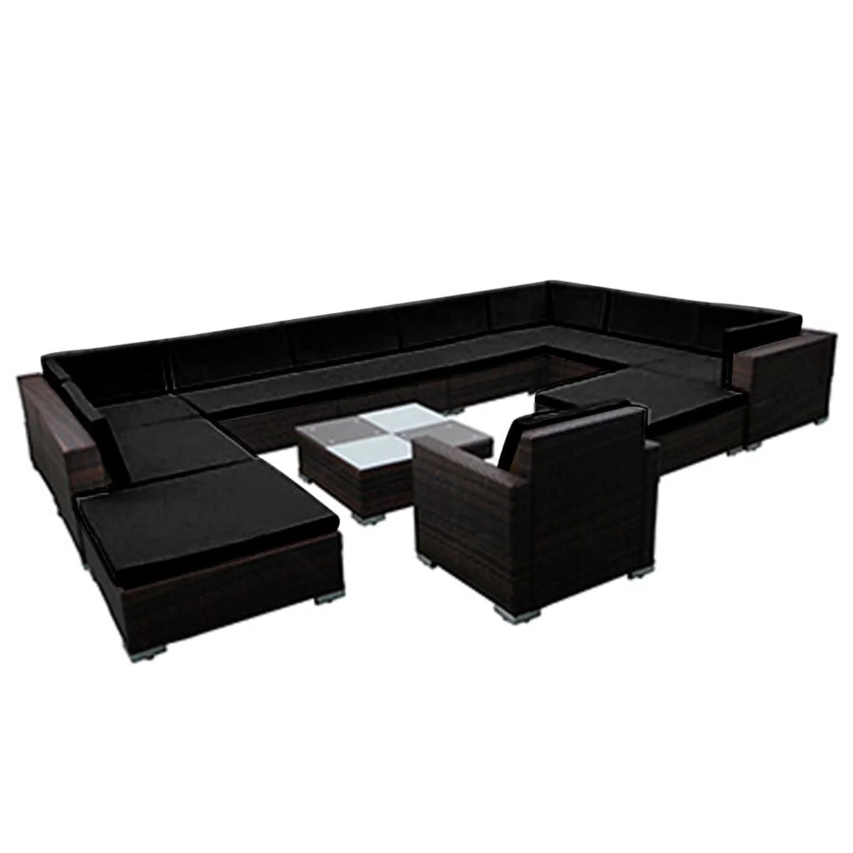 12 Piece Cushioned Patio Conversation Set with Ottomans and Tea Table Black Poly Rattan N3013