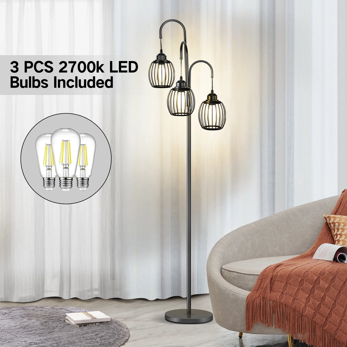 69'' Dimmable 3 Light Black Floor Lamp I930